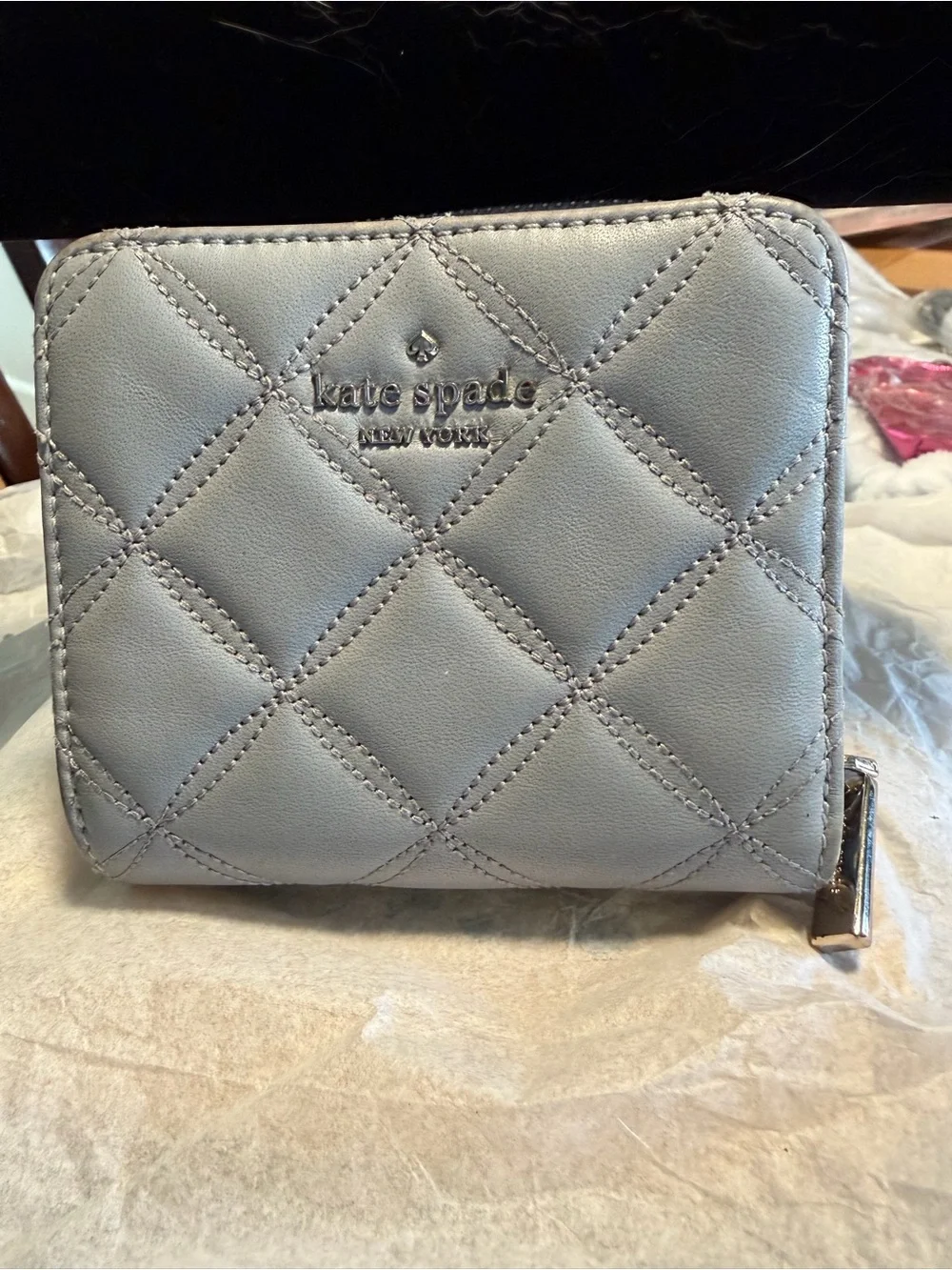 kate spade Quilted Leather Zip Wallet in Light Gray